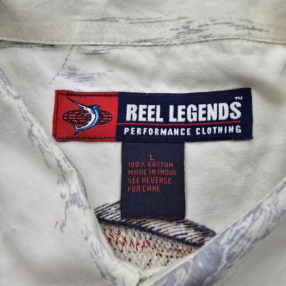 Reel Legends Shirt Mens Large White‎ Button Up Short Sleeve Fish All Over Print - Picture 7 of 9